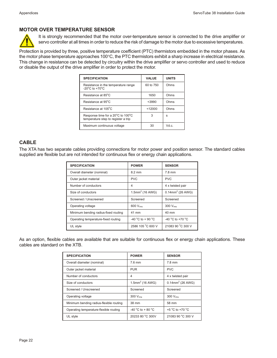 Motor over temperature sensor, Cable | Motion Actuator User Manual | Page 28 / 32