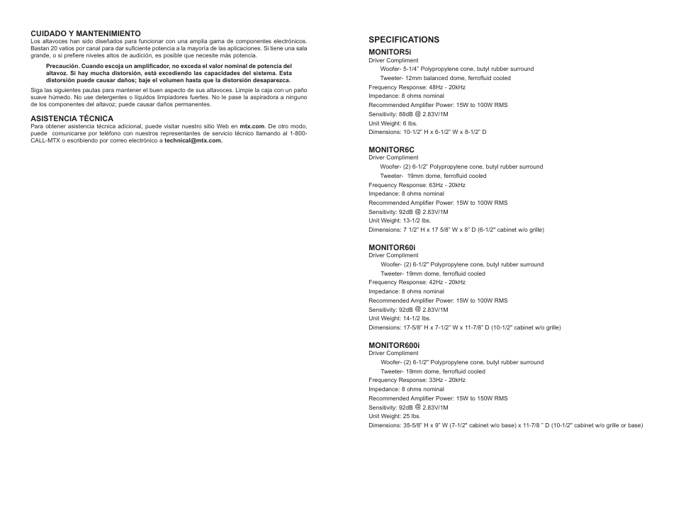Specifications | MTX Audio MTX Monitor Series MONITOR60I User Manual | Page 5 / 6