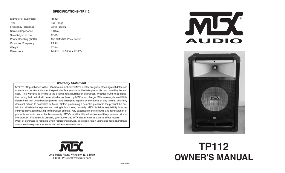 MTX Audio TP112 User Manual | 2 pages