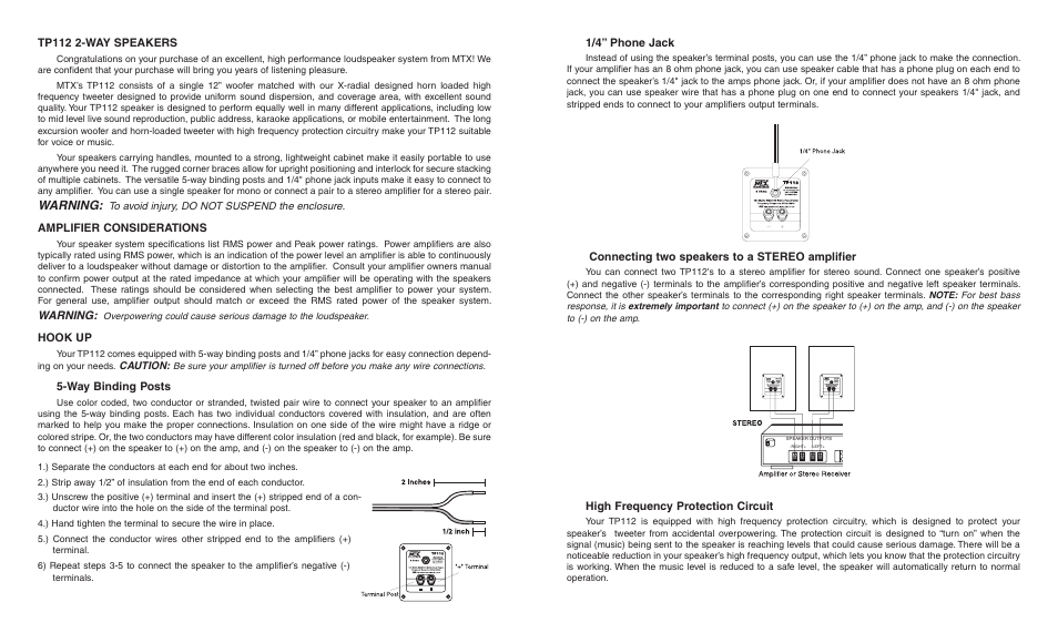 Warning | MTX Audio TP112 User Manual | Page 2 / 2