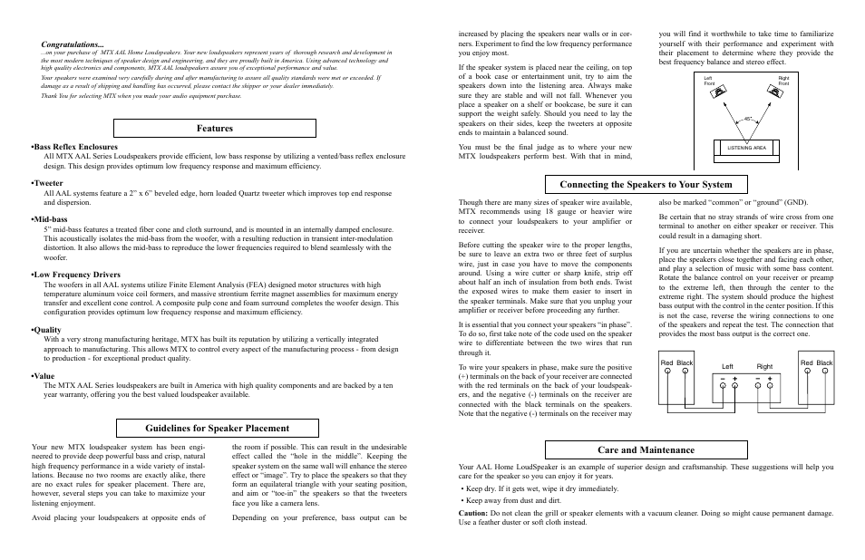Connecting the speakers to your system, Guidelines for speaker placement, Features | Care and maintenance | MTX Audio AAL8 User Manual | Page 2 / 2