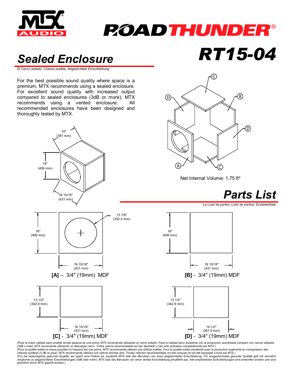 Rt15-04, Sealed enclosure, Parts list | MTX Audio RoadThunder RT15-04 User Manual | Page 2 / 4