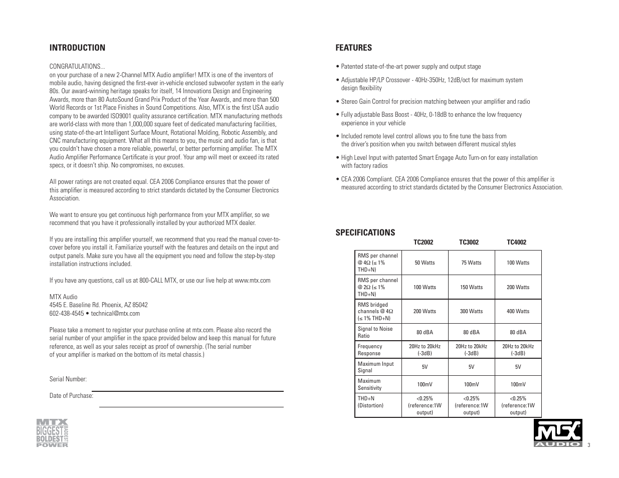 Introduction features, Specifications | MTX Audio 801D User Manual | Page 2 / 17