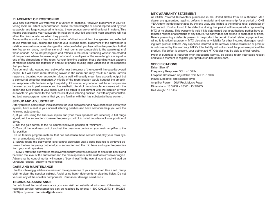MTX Audio SUB8 User Manual | Page 4 / 4