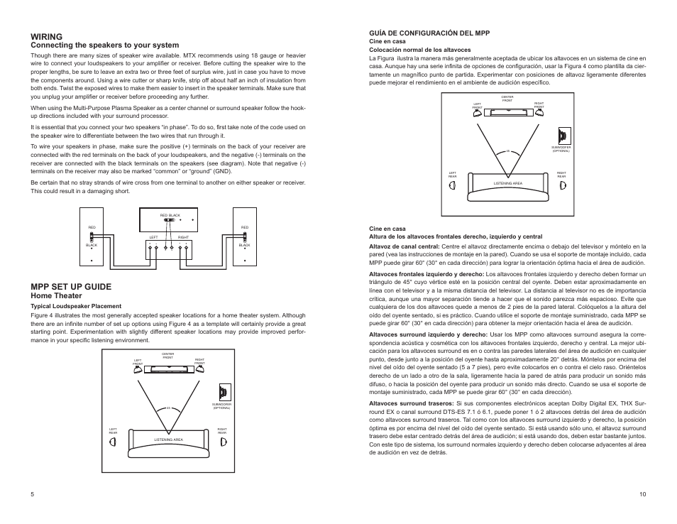 Wiring, Mpp set up guide, Connecting the speakers to your system | Home theater, Guía de configuración del mpp | MTX Audio MPP520 User Manual | Page 6 / 8