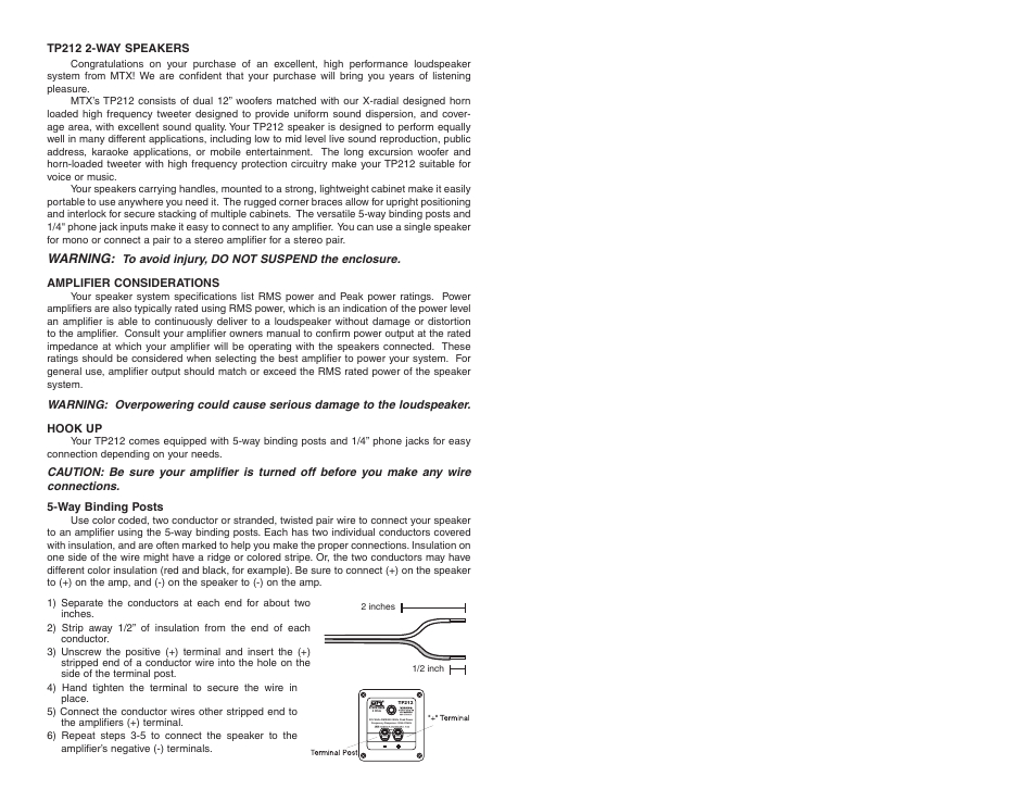 Warning | MTX Audio TP212 User Manual | Page 2 / 6