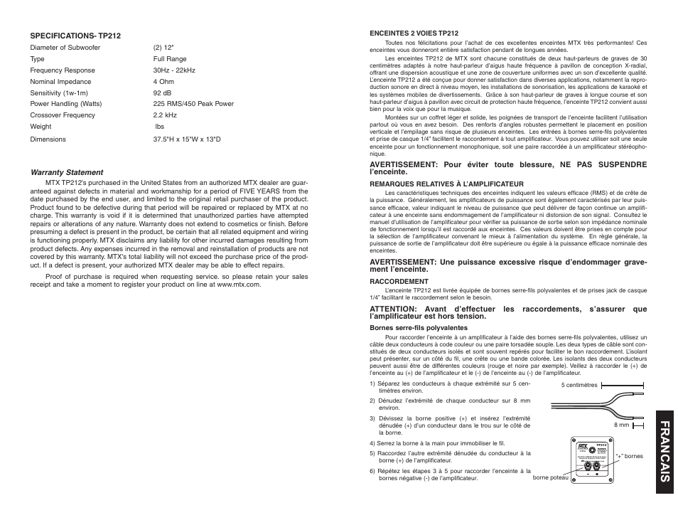 Francais | MTX Audio TP212 User Manual | Page 4 / 6