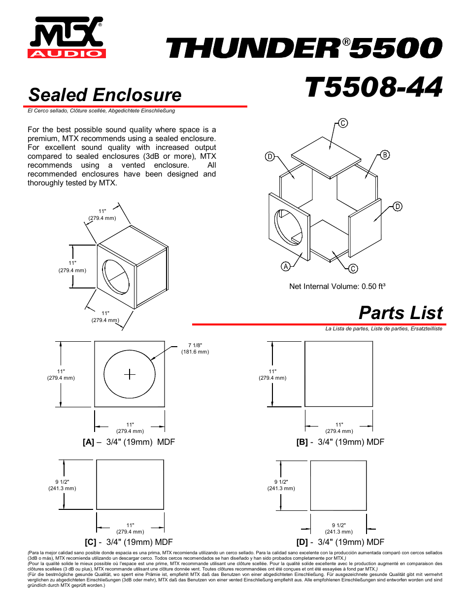 Sealed enclosure, Parts list | MTX Audio MTX Thunder 5500 T5508-44 User Manual | Page 2 / 4