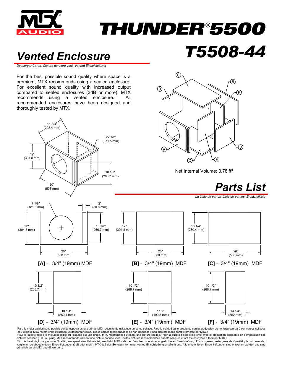 Vented enclosure, Parts list, Net internal volume: 0.78 ft | MTX Audio MTX Thunder 5500 T5508-44 User Manual | Page 3 / 4