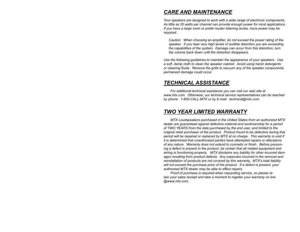 Care and maintenance, Technical assistance, Two year limited warranty | MTX Audio SW1515 User Manual | Page 2 / 10