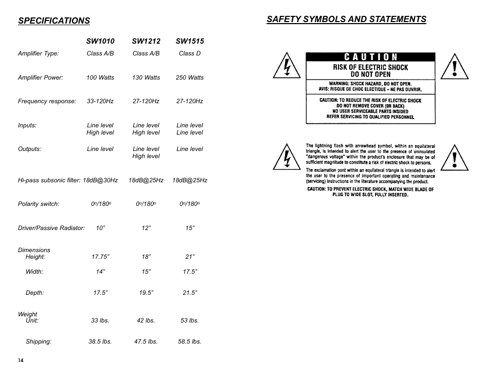 Specifications, Safety symbols and statements | MTX Audio SW1515 User Manual | Page 3 / 10