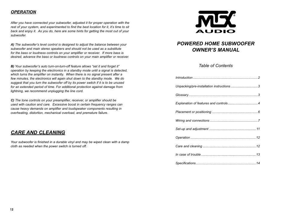 Powered home subwoofer owner’s manual, Care and cleaning | MTX Audio SW1515 User Manual | Page 5 / 10