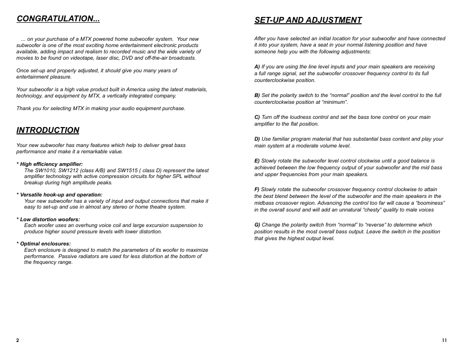 Introduction, Set-up and adjustment | MTX Audio SW1515 User Manual | Page 6 / 10