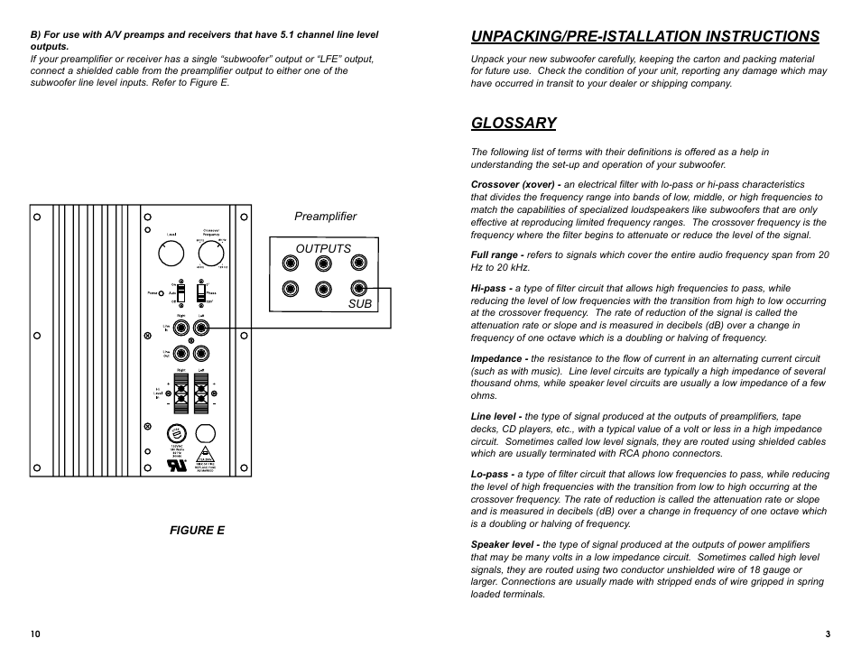 Unpacking/pre-istallation instructions, Glossary | MTX Audio SW1515 User Manual | Page 7 / 10