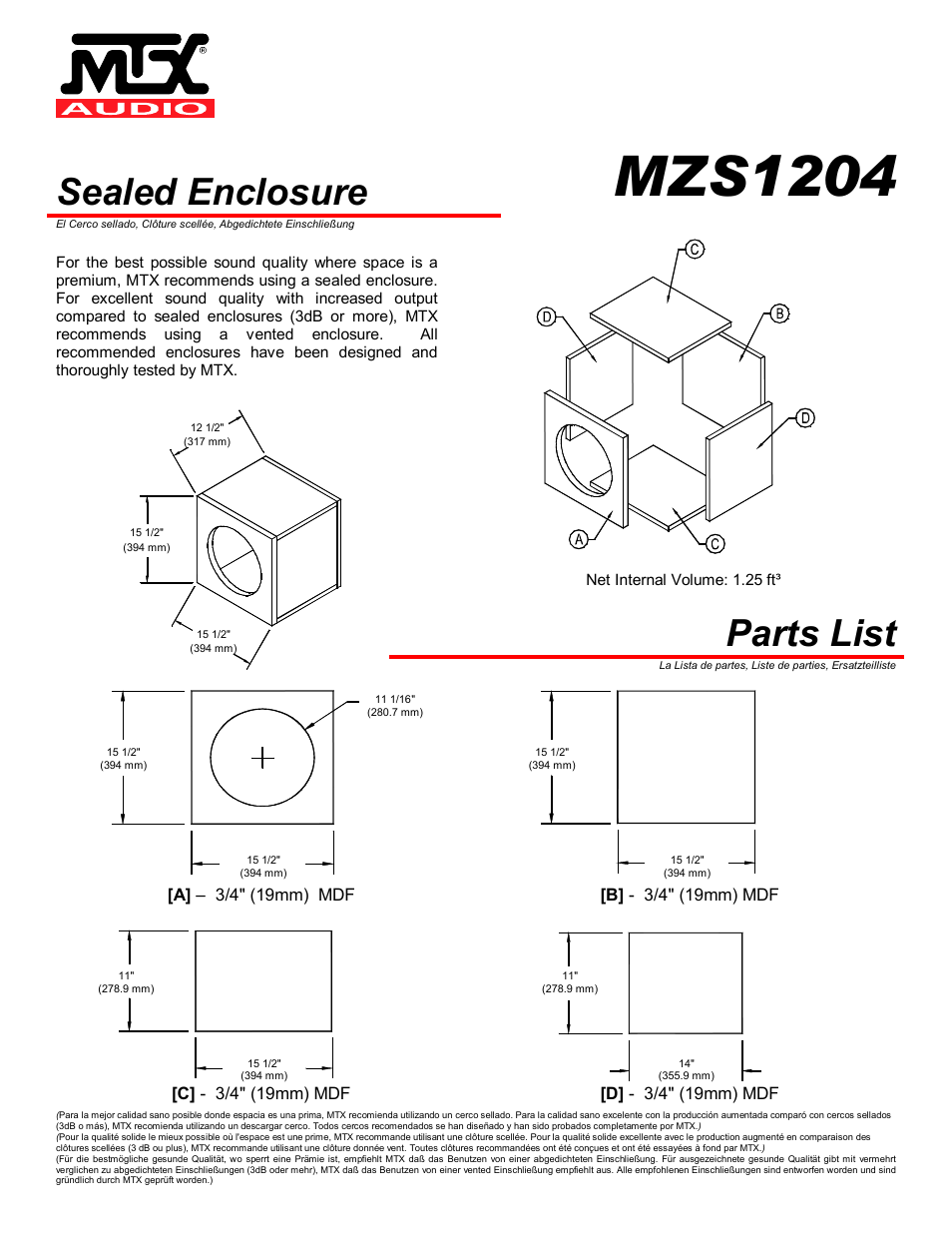 Mzs1204, Sealed enclosure, Parts list | MTX Audio MTX MZS1204 User Manual | Page 2 / 4