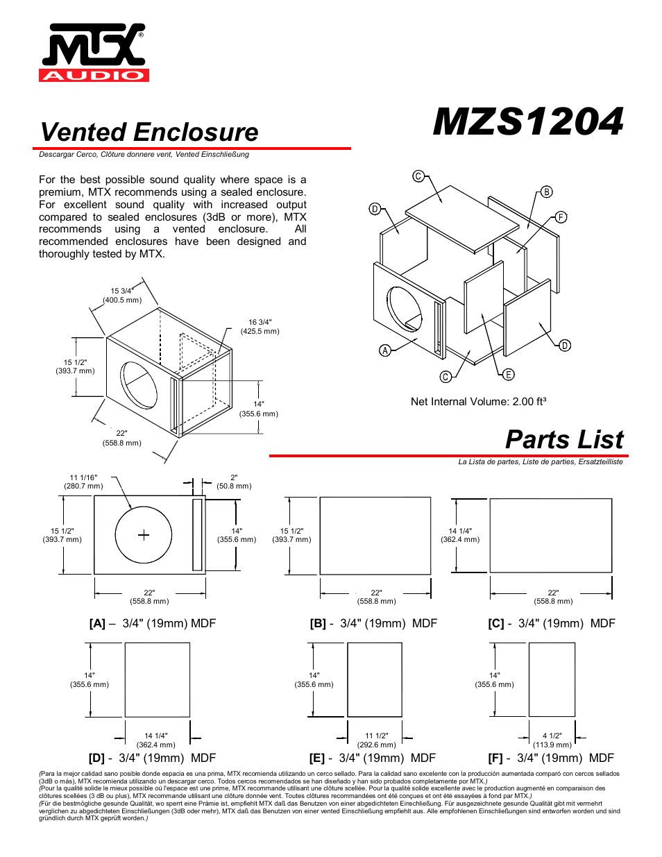 Mzs1204, Vented enclosure, Parts list | Net internal volume: 2.00 ft | MTX Audio MTX MZS1204 User Manual | Page 3 / 4