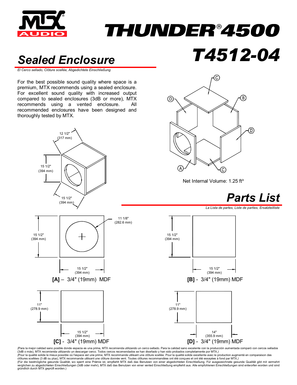 Sealed enclosure, Parts list | MTX Audio MTX Thunder 4500 T4512-04 User Manual | Page 2 / 4