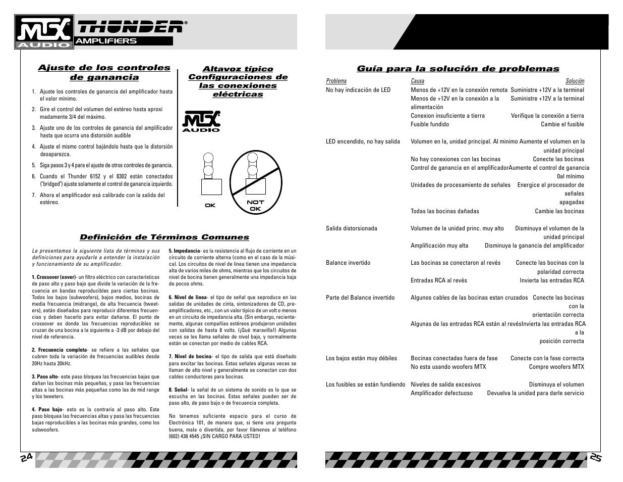 Ajuste de los controles de ganancia, Guía para la solución de problemas | MTX Audio 8302 User Manual | Page 13 / 19
