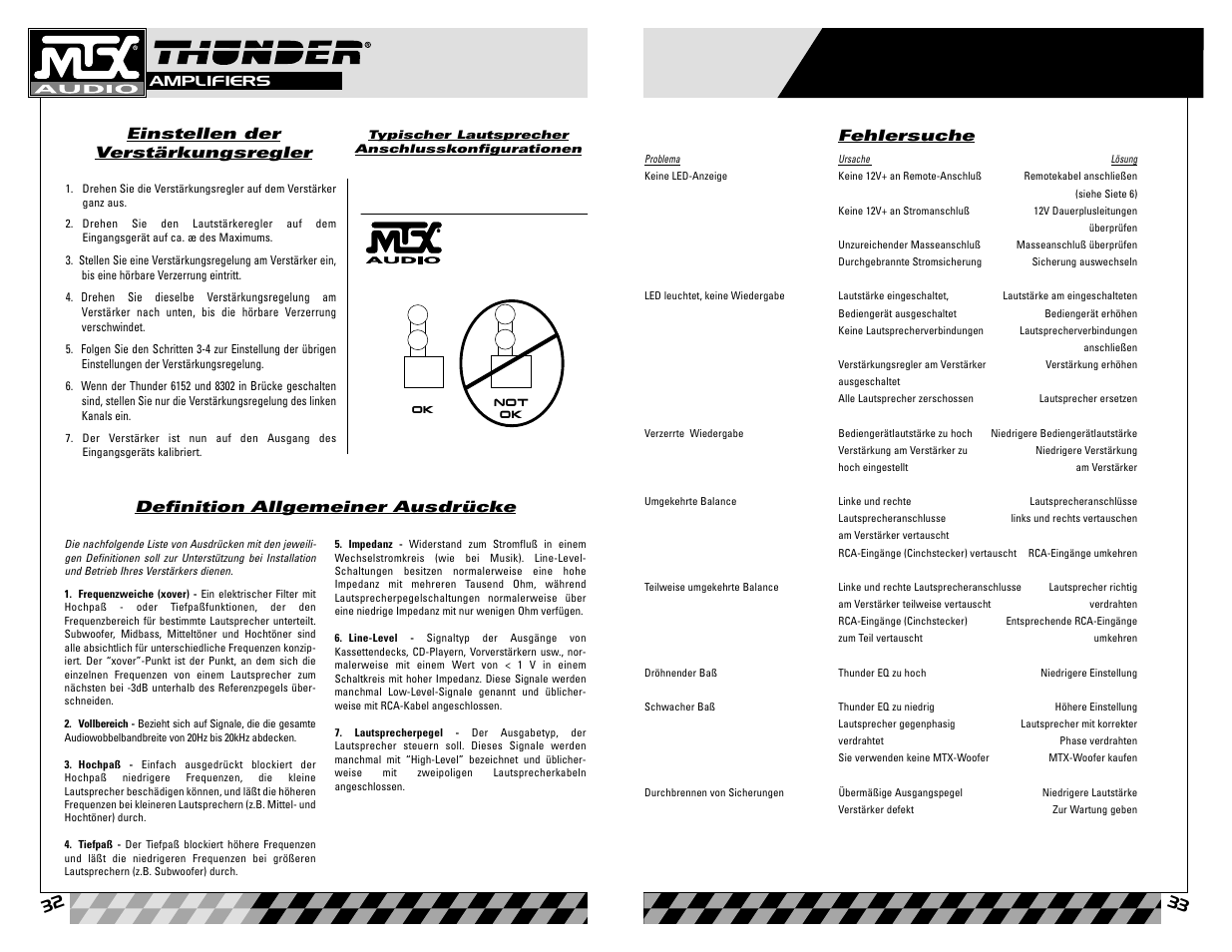 Einstellen der verstärkungsregler, Definition allgemeiner ausdrücke, Fehlersuche | MTX Audio 8302 User Manual | Page 17 / 19