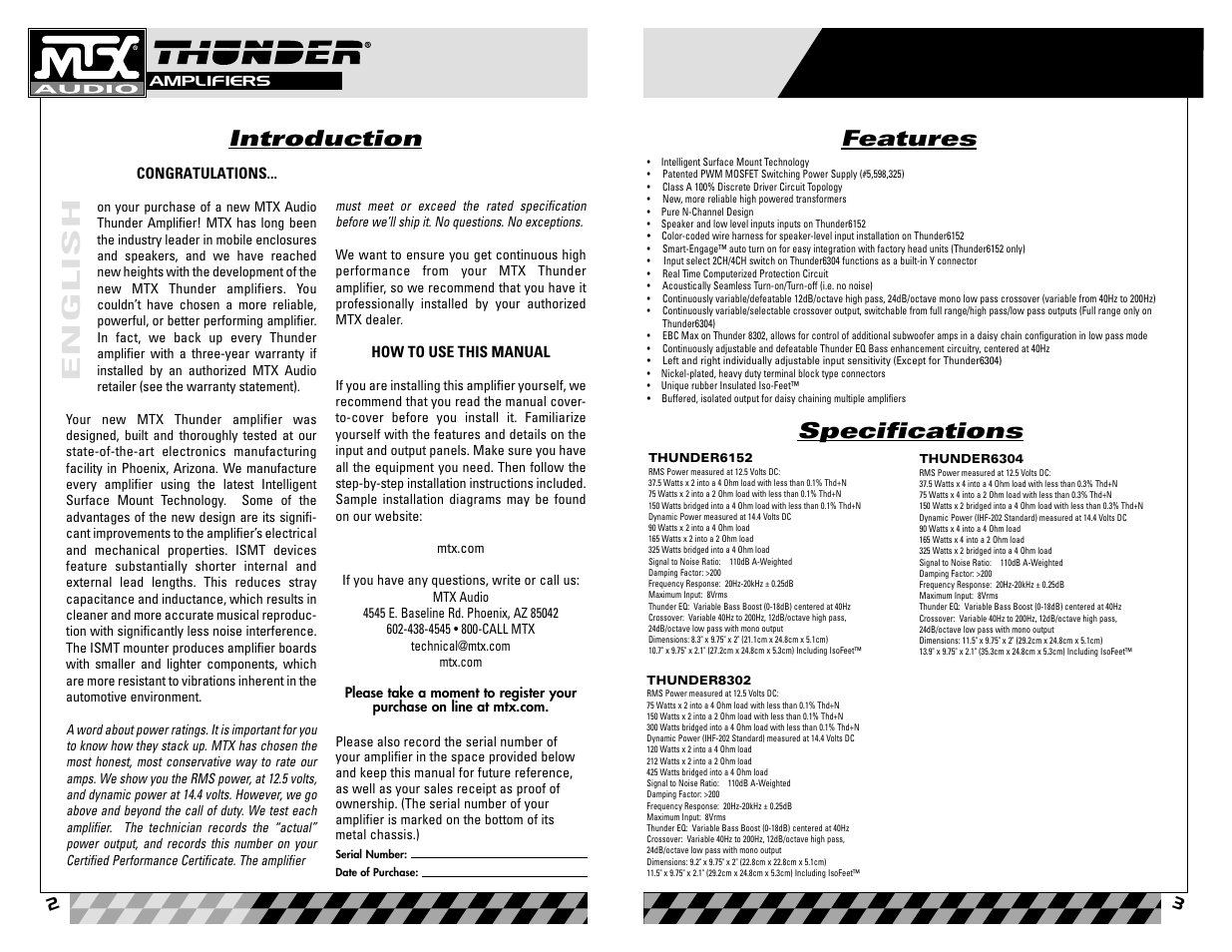 English, Features specifications, Introduction | MTX Audio 8302 User Manual | Page 2 / 19