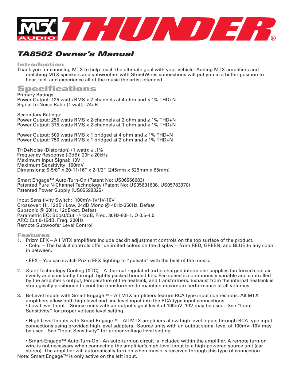 MTX Audio TA8502 User Manual | 6 pages