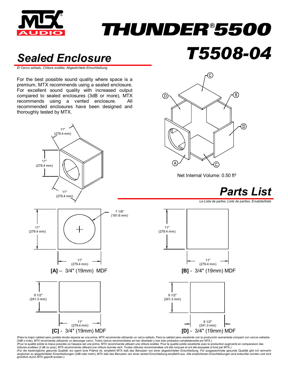 Sealed enclosure, Parts list | MTX Audio Thunder T5508-04 User Manual | Page 2 / 4