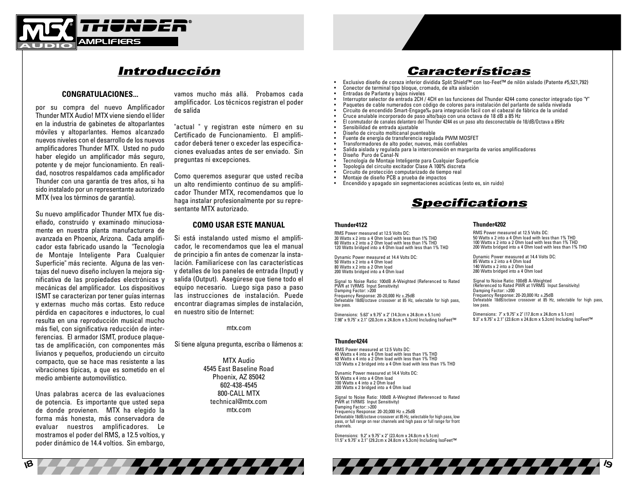 Introducción, Características specifications | MTX Audio Thunder4202 User Manual | Page 10 / 19