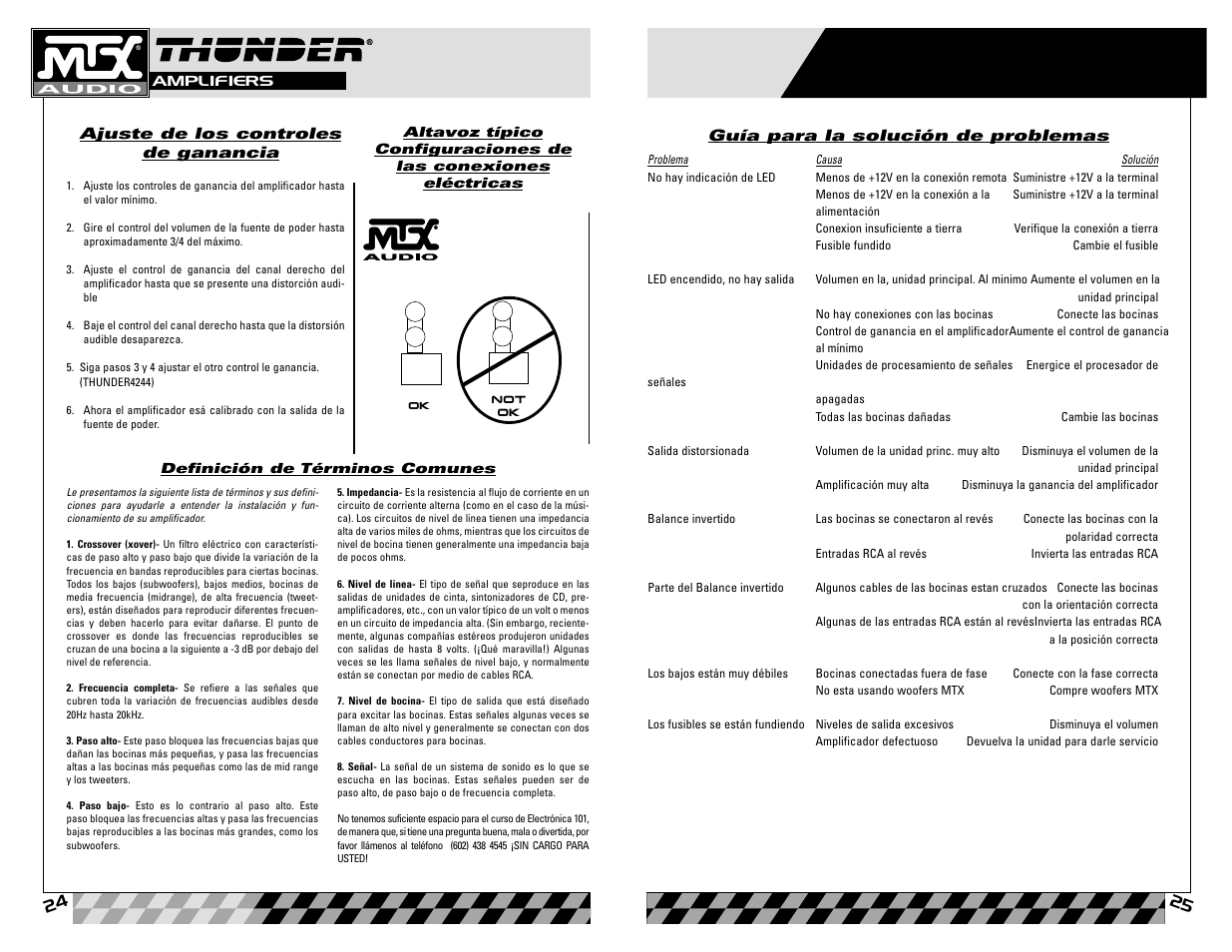 Ajuste de los controles de ganancia, Guía para la solución de problemas | MTX Audio Thunder4202 User Manual | Page 13 / 19