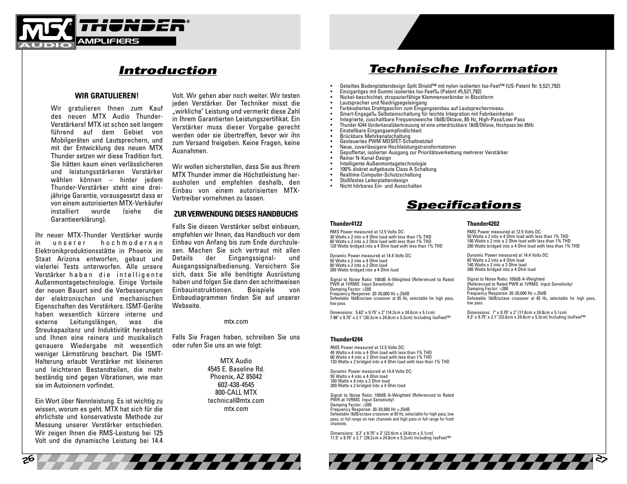 Introduction, Specifications, Technische information | Germanic | MTX Audio Thunder4202 User Manual | Page 14 / 19