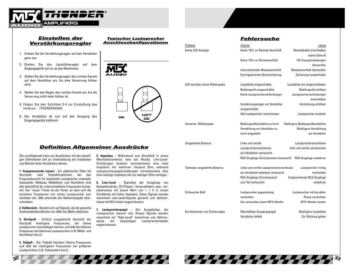 Einstellen der verstärkungsregler, Definition allgemeiner ausdrücke, Fehlersuche | MTX Audio Thunder4202 User Manual | Page 17 / 19