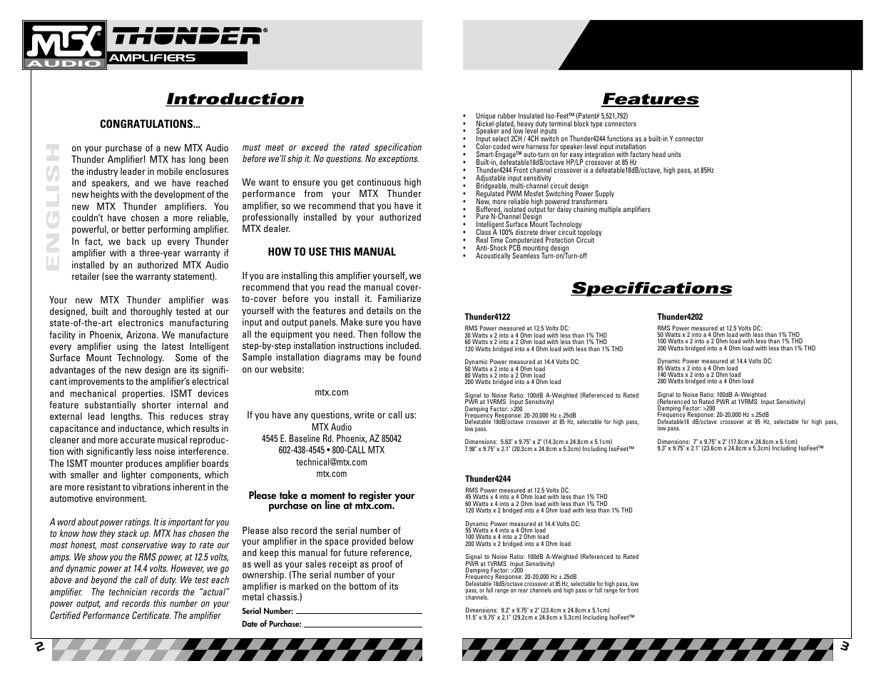 English, Introduction, Features specifications | MTX Audio Thunder4202 User Manual | Page 2 / 19