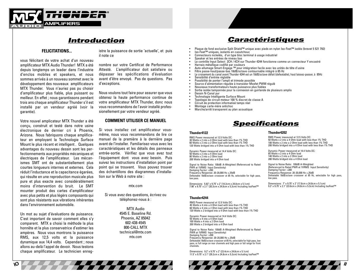 Introduction, Specifications, Caractéristiques | MTX Audio Thunder4202 User Manual | Page 6 / 19