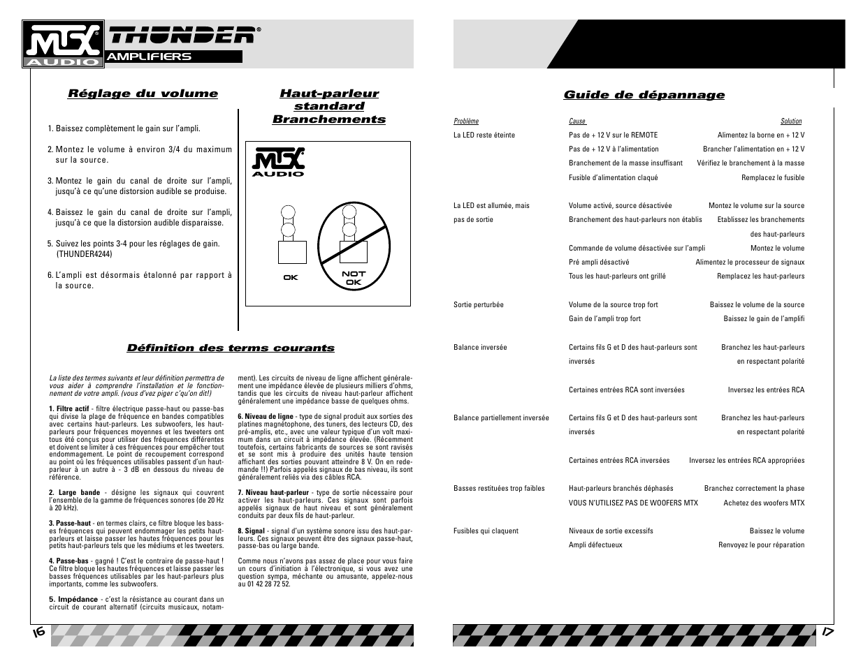 Réglage du volume, Haut-parleur standard branchements, Guide de dépannage | MTX Audio Thunder4202 User Manual | Page 9 / 19