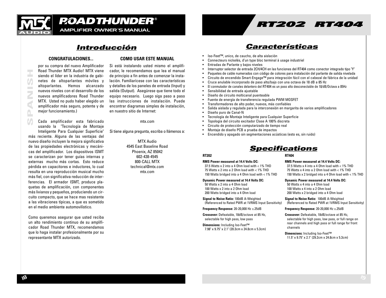 Spanish, Introducción, Características | Specifications | MTX Audio RT202 RT404 User Manual | Page 10 / 19