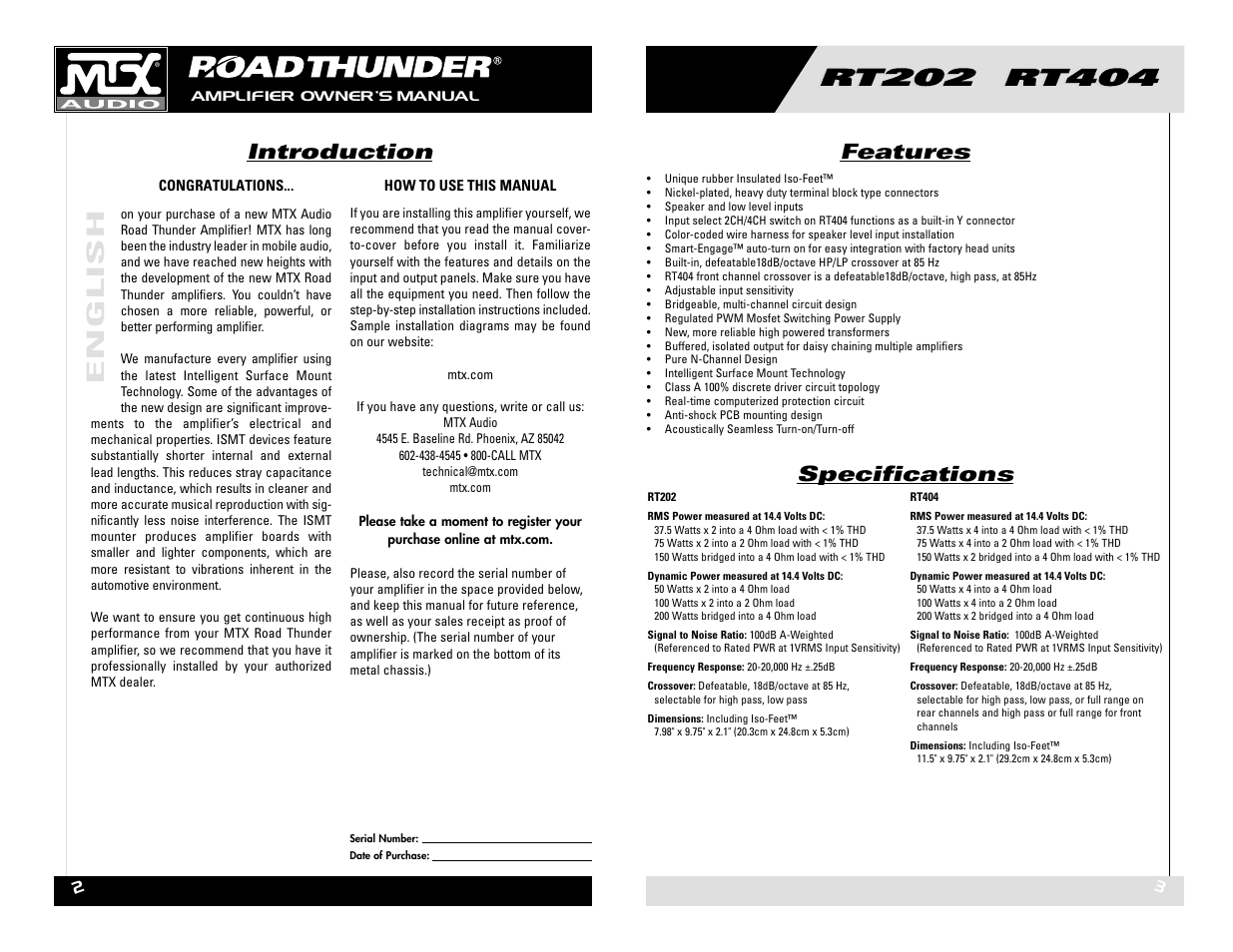 English, Introduction, Features specifications | MTX Audio RT202 RT404 User Manual | Page 2 / 19