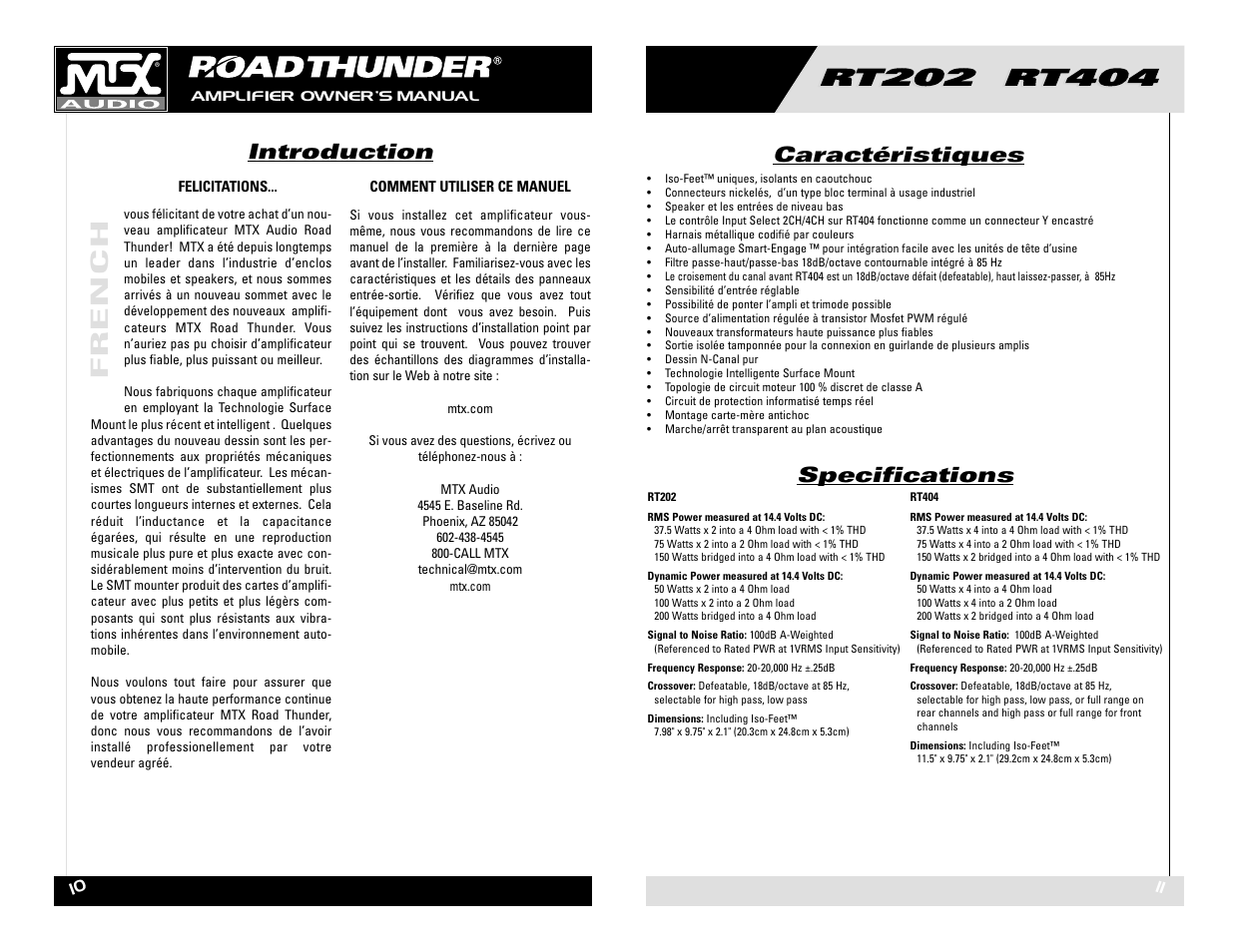 French, Introduction, Caractéristiques | Specifications | MTX Audio RT202 RT404 User Manual | Page 6 / 19
