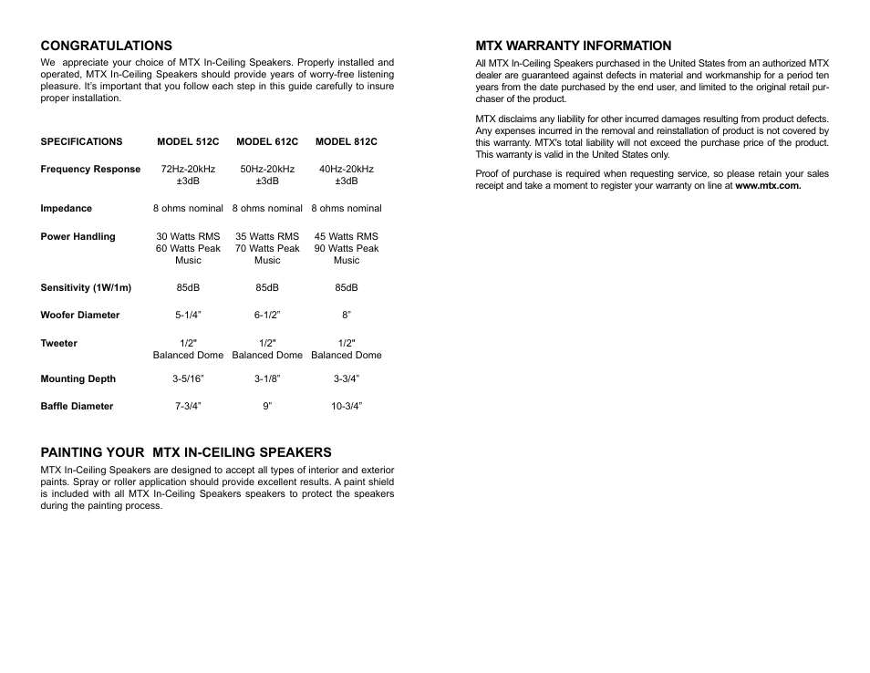 Painting your mtx in-ceiling speakers, Mtx warranty information | MTX Audio 512C User Manual | Page 2 / 4