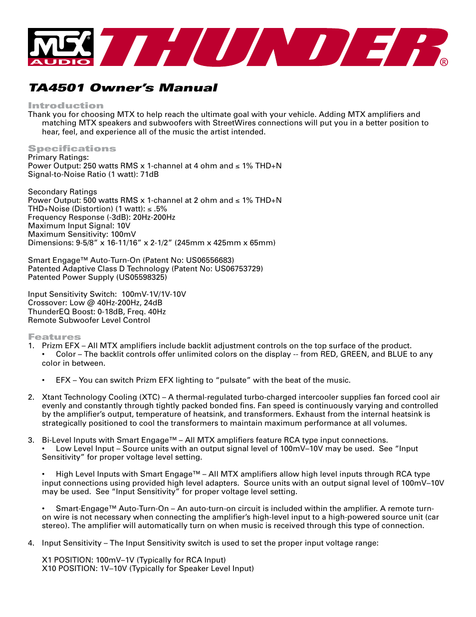 MTX Audio TA4501 User Manual | 5 pages