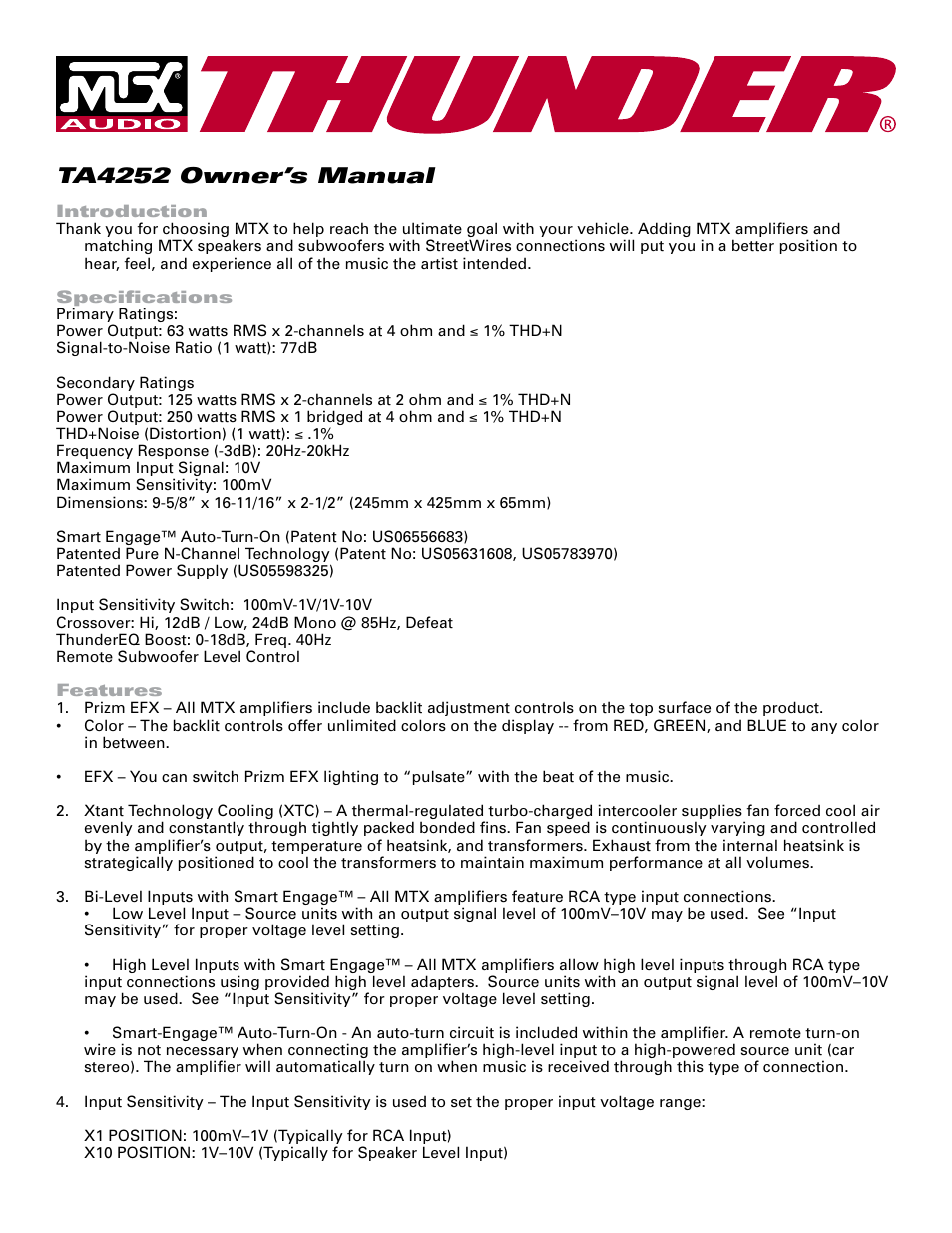 MTX Audio TA4252 User Manual | 5 pages