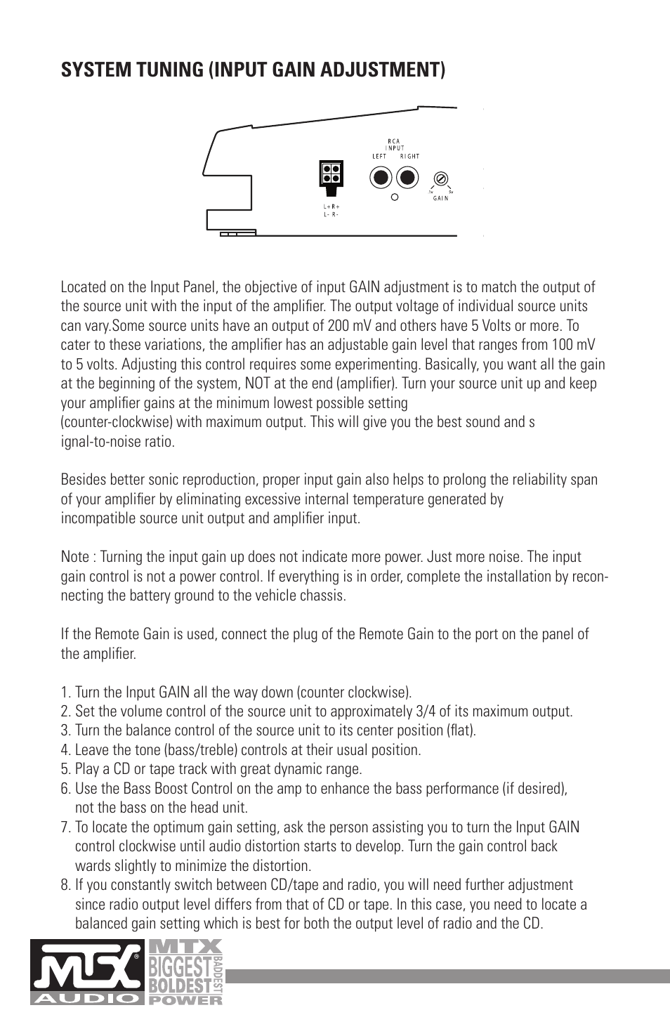 System tuning (input gain adjustment) | MTX Audio MXA4002 User Manual | Page 10 / 32