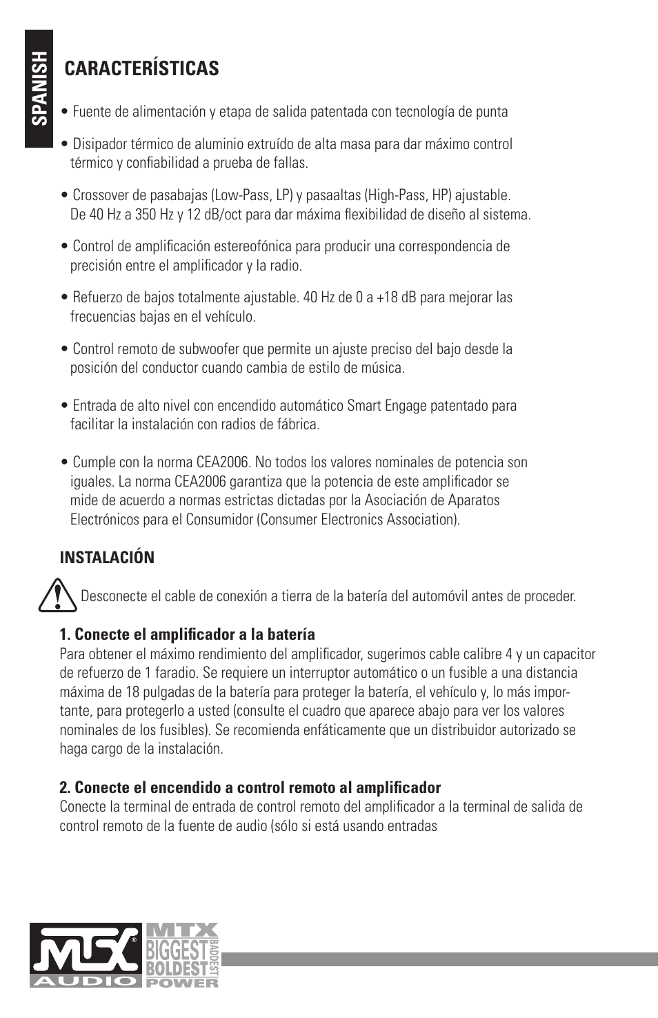 Características sp anish | MTX Audio MXA4002 User Manual | Page 14 / 32