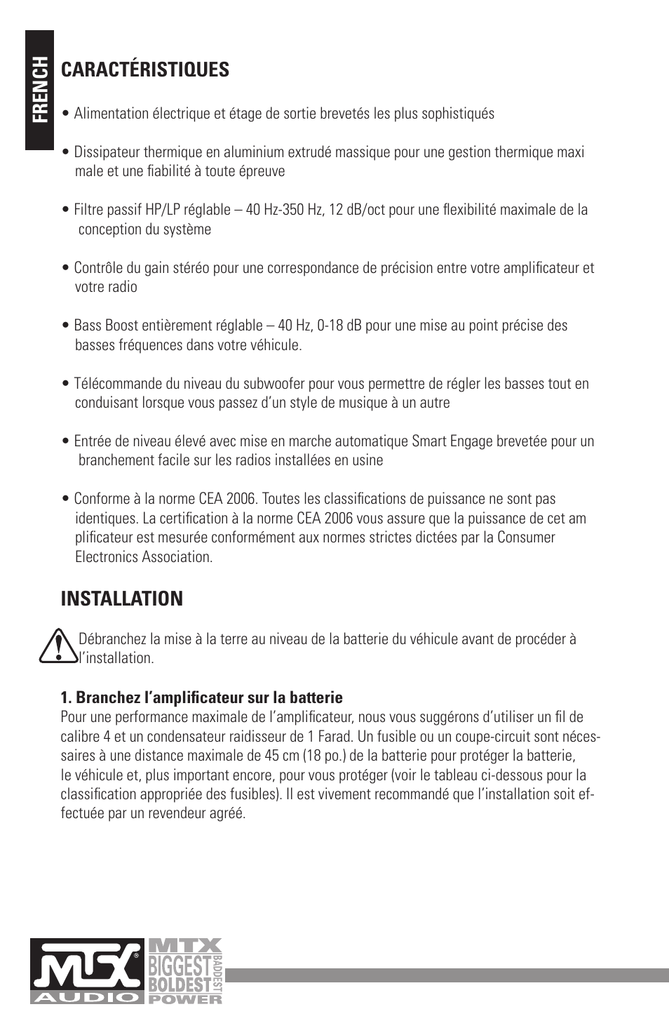 Caractéristiques, Installation, French | MTX Audio MXA4002 User Manual | Page 20 / 32