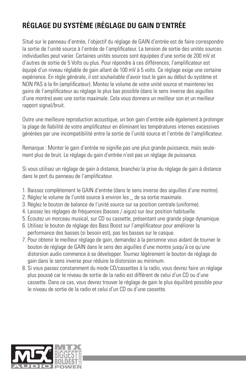 Réglage du système (réglage du gain d’entrée | MTX Audio MXA4002 User Manual | Page 22 / 32