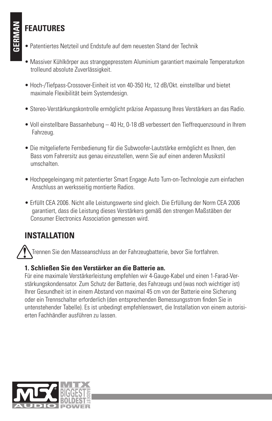 Installation, Feautures german | MTX Audio MXA4002 User Manual | Page 26 / 32