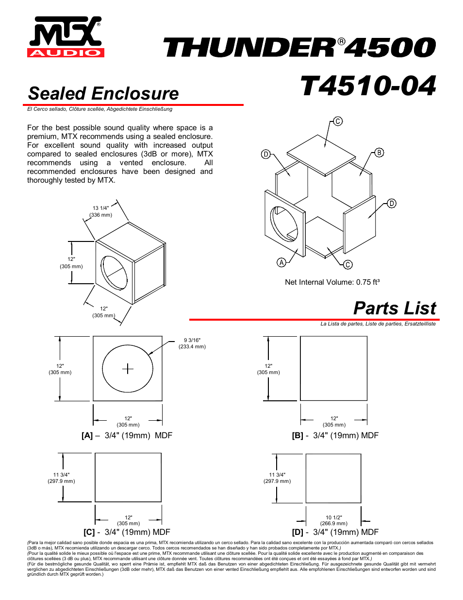 Sealed enclosure, Parts list | MTX Audio MTX Thunder 4500 T4510-04 User Manual | Page 2 / 4