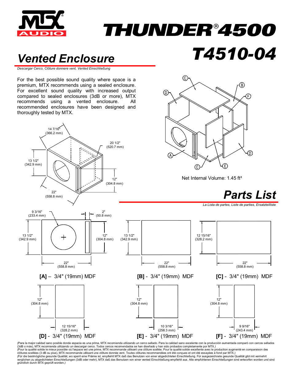 Vented enclosure, Parts list, Net internal volume: 1.45 ft | MTX Audio MTX Thunder 4500 T4510-04 User Manual | Page 3 / 4