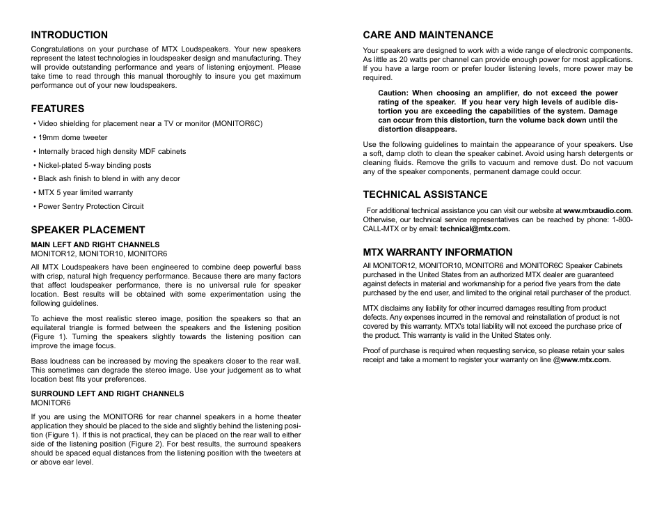 Introduction, Features, Speaker placement | Care and maintenance, Technical assistance, Mtx warranty information | MTX Audio MONITOR6 User Manual | Page 2 / 4