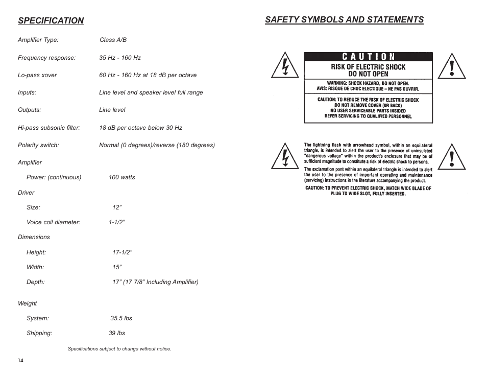 Specification, Safety symbols and statements | MTX Audio SW2 User Manual | Page 3 / 10