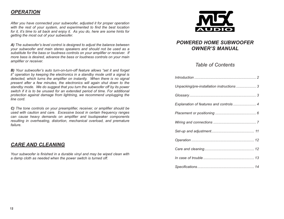 Operation, Care and cleaning | MTX Audio SW2 User Manual | Page 5 / 10