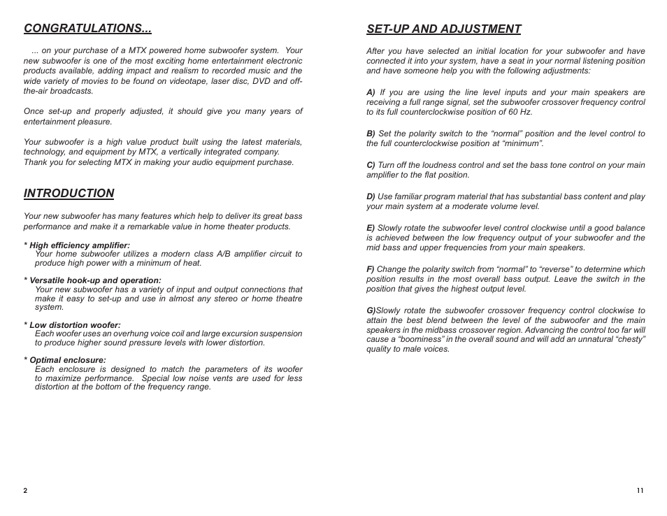 Introduction, Set-up and adjustment | MTX Audio SW2 User Manual | Page 6 / 10